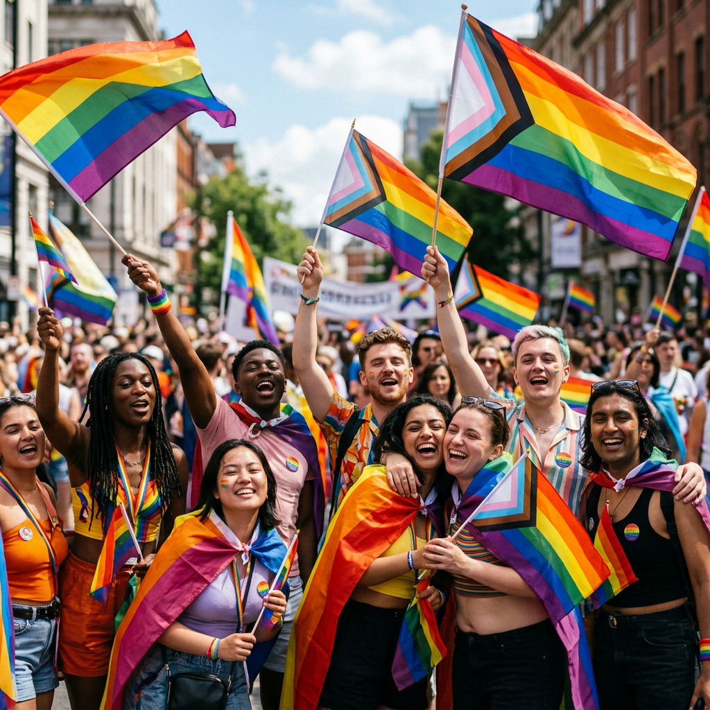 Diverse group celebrating at a Pride parade with rainbow and progress flags