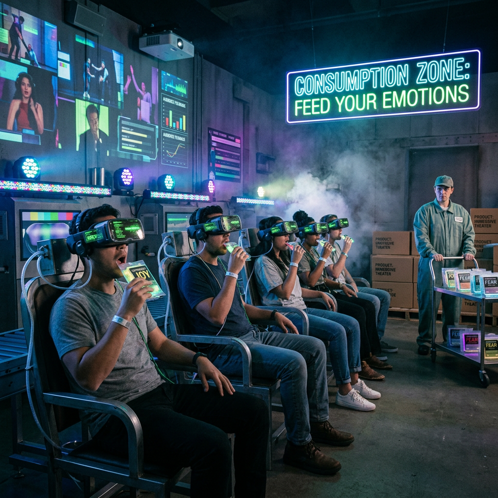 Group of people sitting in chairs wearing VR headsets and drinking beverages labeled with emotions