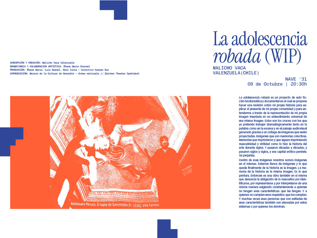 Cartel de un evento titulado 'La adolescencia robada (WIP)', con fecha y hora especificadas. Incluye una imagen artística de una pintura clásica reimaginada en colores naranja y blanco.