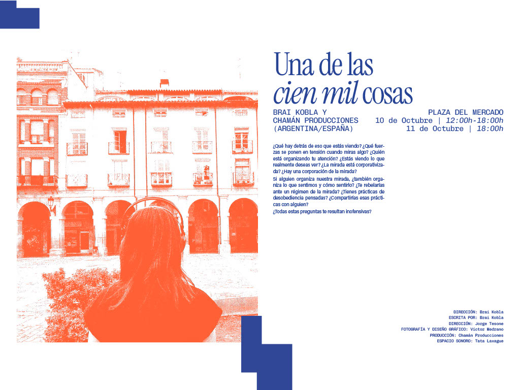 Cartel promocional de un evento titulado 'Una de las cien mil cosas', presentado por Brai Kobla y Chamán Producciones, que se llevará a cabo en la Plaza del Mercado en España. Incluye fechas y preguntas reflexivas sobre la percepción y la mirada.
