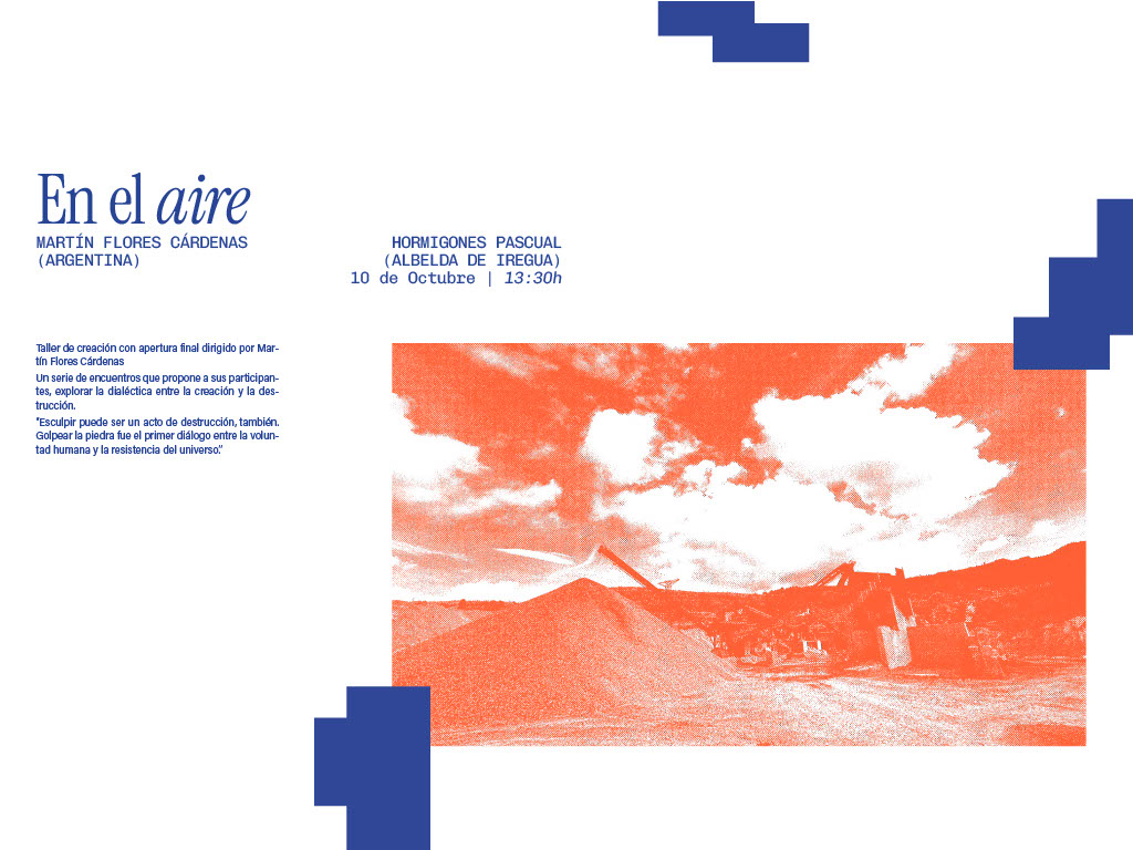 Cartel informativo sobre un taller de creación dirigido por Martín Flores Cárdenas, titulado 'En el aire', con detalles del evento y una imagen de fondo en tonos naranjas y azules.