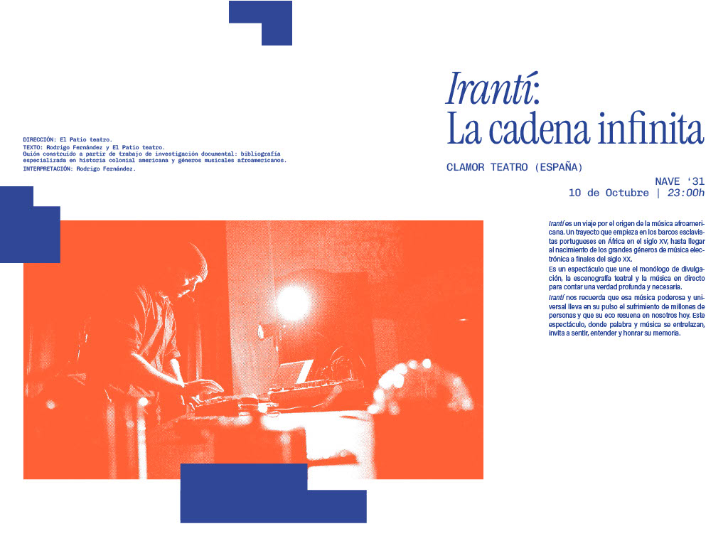 Imagen promocional del evento 'Irantí: La cadena infinita' en Clamor Teatro, España, con un artista interactuando con equipo musical y texto informativo sobre el espectáculo.