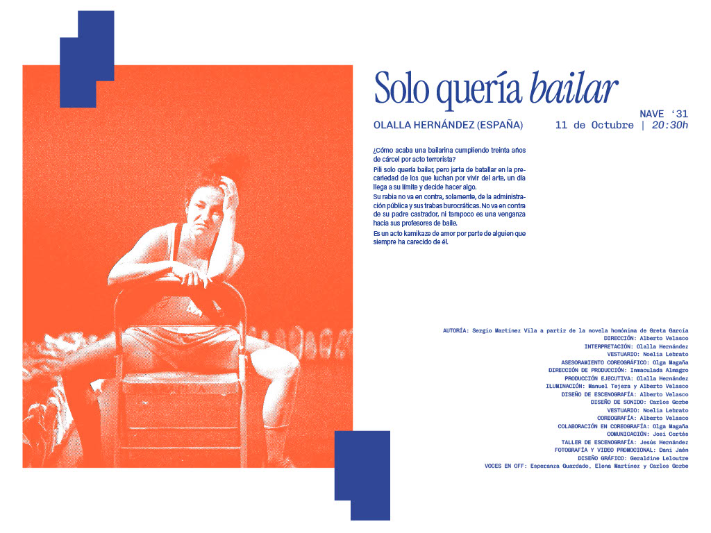 Cartel del espectáculo 'Solo quería bailar' de Olalla Hernández, con una imagen de una bailarina pensativa, en colores naranja y azul, anunciando la fecha y detalles del evento.