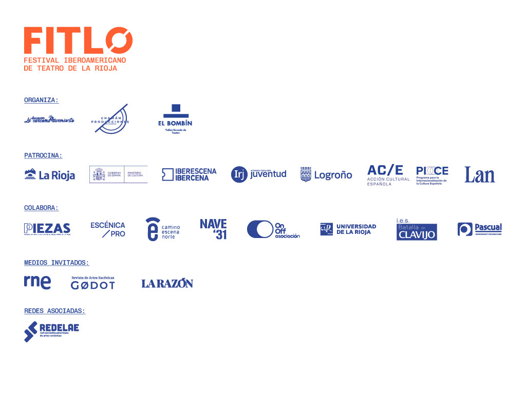 Logotipo del Festival Iberoamericano de Teatro de La Rioja (FITLO) acompañado de las organizaciones y patrocinadores relacionados, incluyendo instituciones culturales y medios de comunicación.