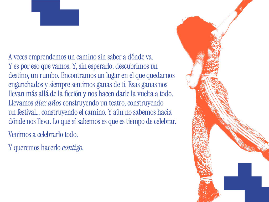 Texto en un fondo blanco con un diseño colorido y una figura bailando, que refleja una celebración y la construcción de un espacio cultural en diez años.
