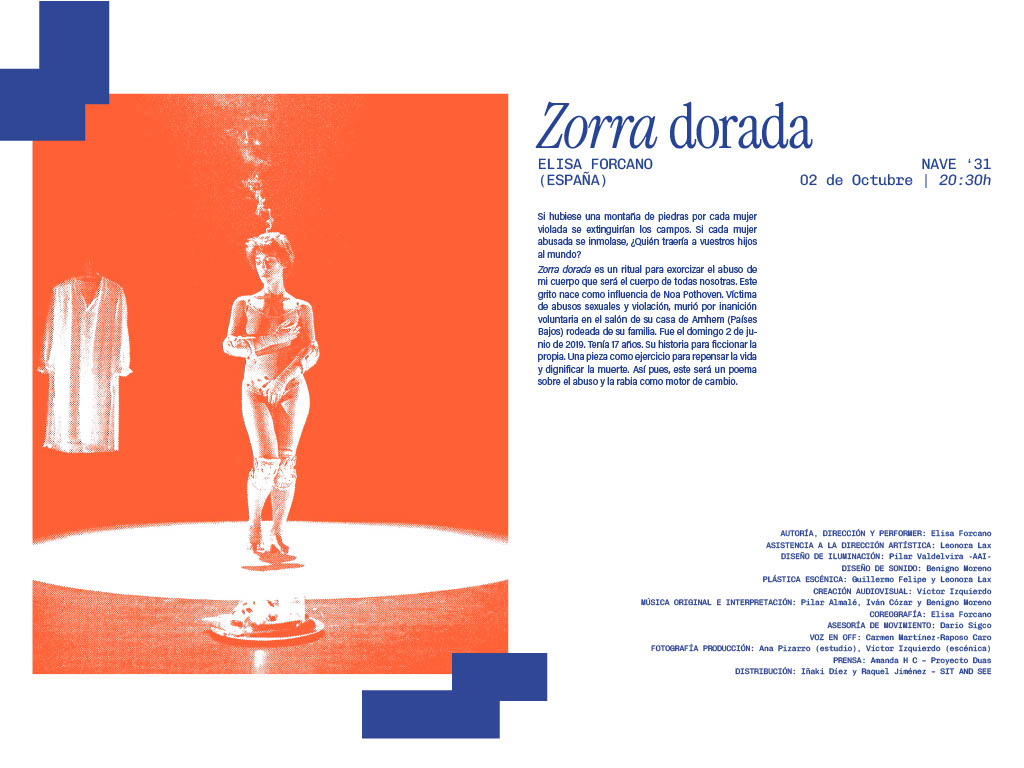 Afiche de presentación de la obra 'Zorra dorada' de Elisa Forcano. Muestra a una mujer semi-desnuda rodeada de humo, con un fondo naranja y azul. Incluye detalles sobre la fecha y lugar de la presentación, así como una descripción del concepto de la obra.