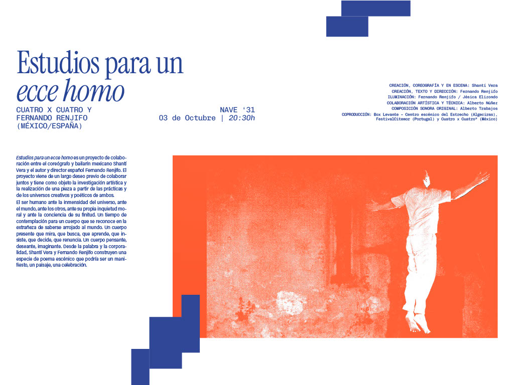 Cartel del evento 'Estudios para un ecce homo', con información sobre la colaboración entre Shanti Vera y Fernando Renjifo. Incluye detalles sobre la fecha, el lugar y el concepto artístico.