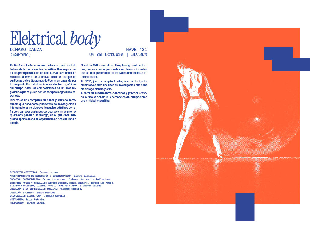 Cartel del evento 'Elektrical body' de la compañía Dínamo Danza en España, con fecha y detalles sobre la actuación.