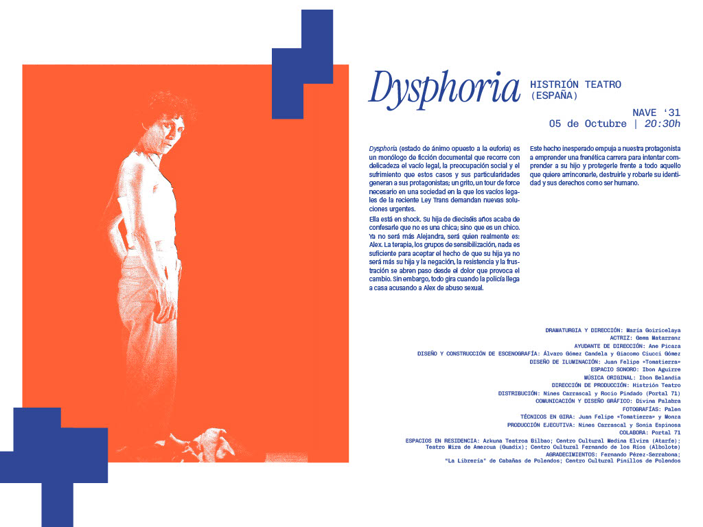 Imagen promocional de la obra 'Dysphoria', que muestra a una persona de pie en un fondo rojo, con un texto explicativo sobre la obra y los detalles del evento teatral en España.