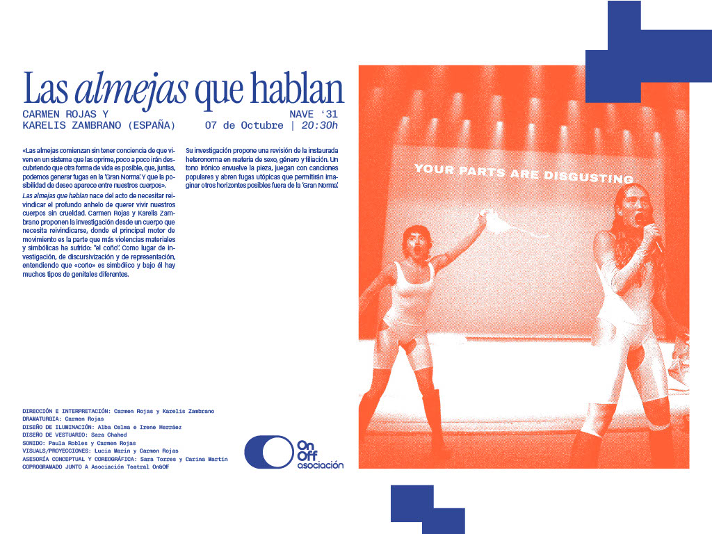 Cartel de la obra 'Las almejas que hablan' presentada por Carmen Rojas y Karelis Zambrano, con una representación escénica, donde dos performers interactúan en un escenario iluminado, con la proyección de un mensaje provocador al fondo.
