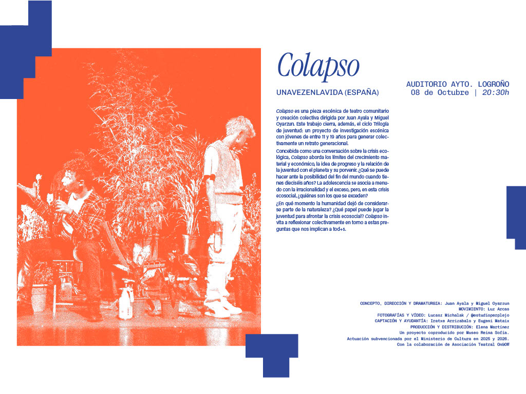 Cartel de la obra 'Colapso', que presenta a dos actores en un escenario con plantas. Incluye información sobre la dirección, el concepto y el lugar del evento en Logroño el 8 de octubre.