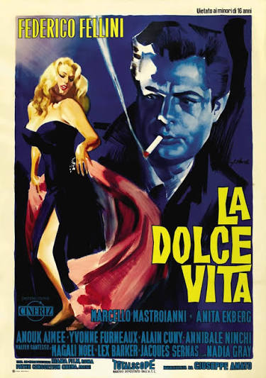 Póster de la película 'La Dolce Vita' de Federico Fellini, mostrando a una mujer rubia vestida de manera glamorosa y un hombre con una expresión intensa.